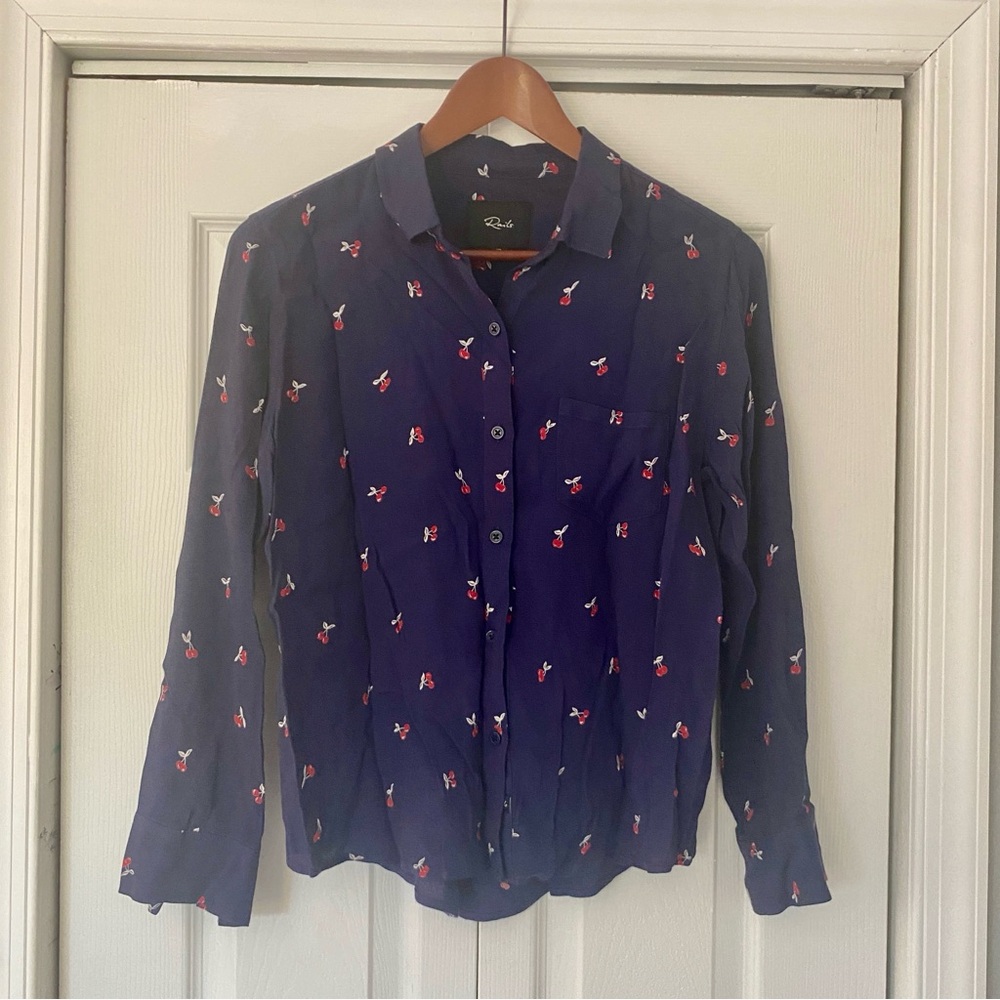 Rails Women Button Up XS Cherry Navy‎ Long Sleeve Sheer Novelty Indie